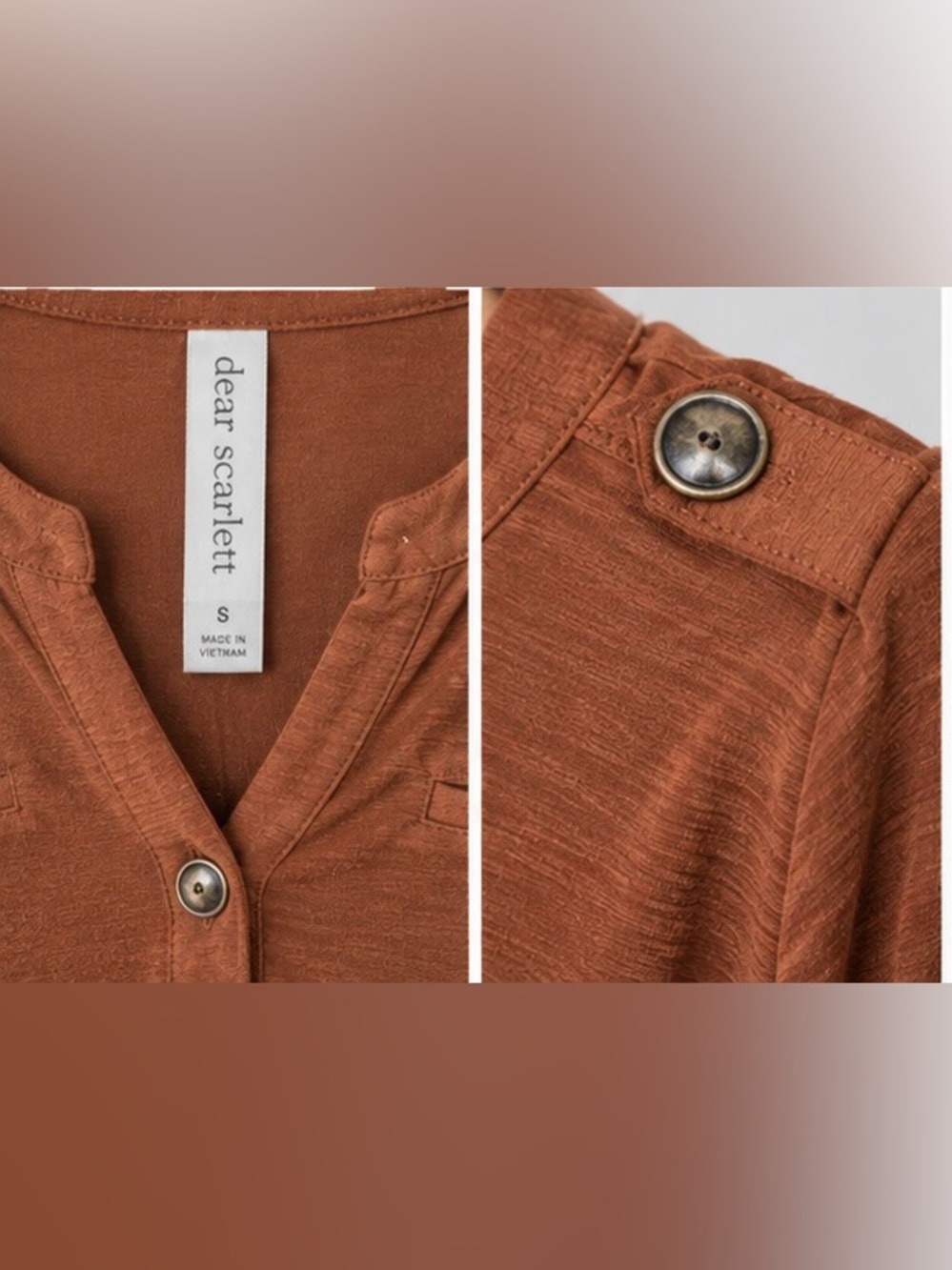 Button-Front Rust Long Sleeve Henley Tunic Top V-Neck NWT - Picture 4 of 10